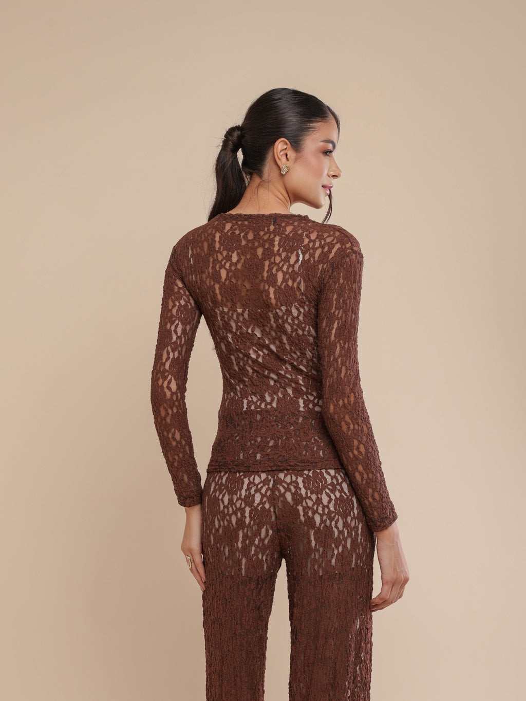 Blusa Manga Longa Renda Urban Lace Coffee