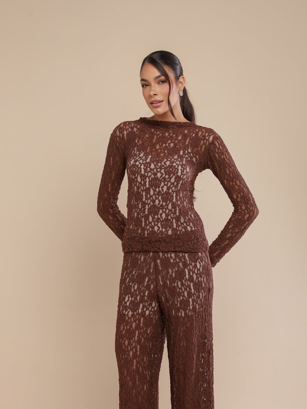 Blusa Manga Longa Renda Urban Lace Coffee