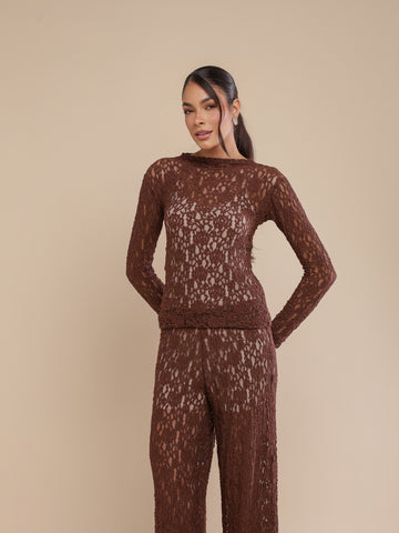Blusa Manga Longa Renda Urban Lace Coffee