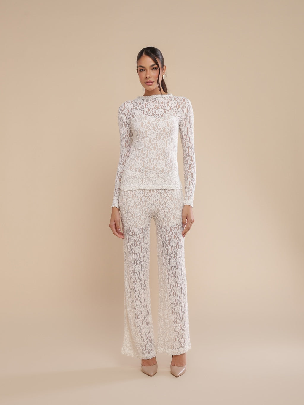 Blusa Manga Longa Renda Urban Lace Off-White