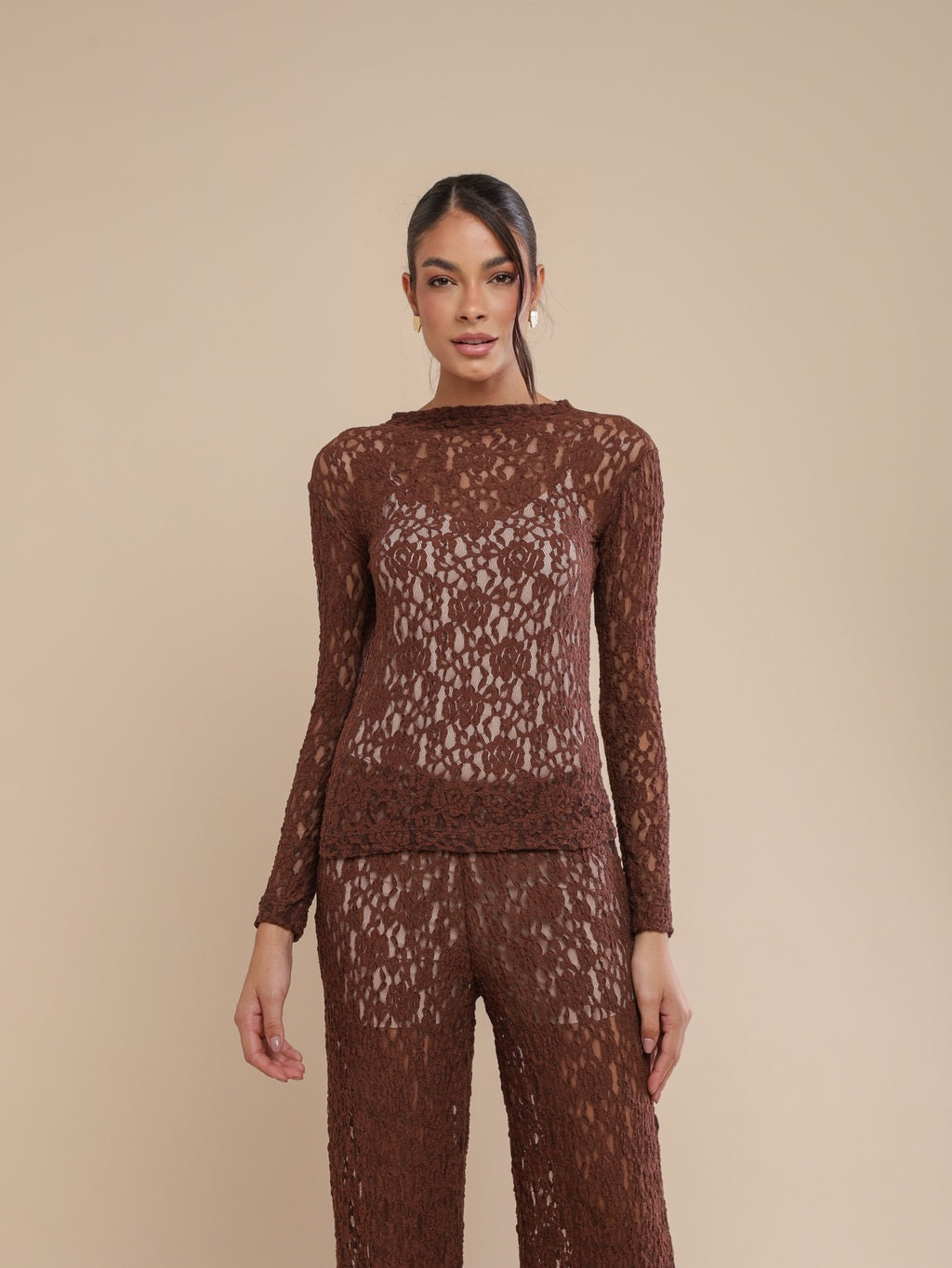 Blusa Manga Longa Renda Urban Lace Coffee
