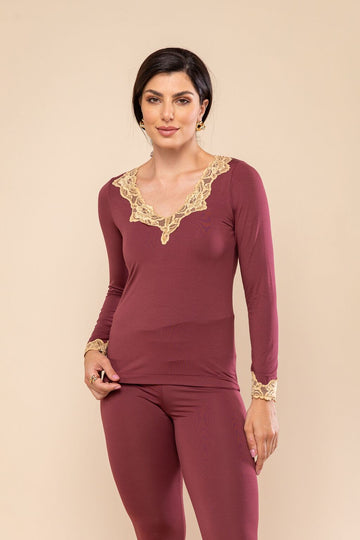 Blusa Manga Longa Everlong Modal e Renda Vermelho Garnet