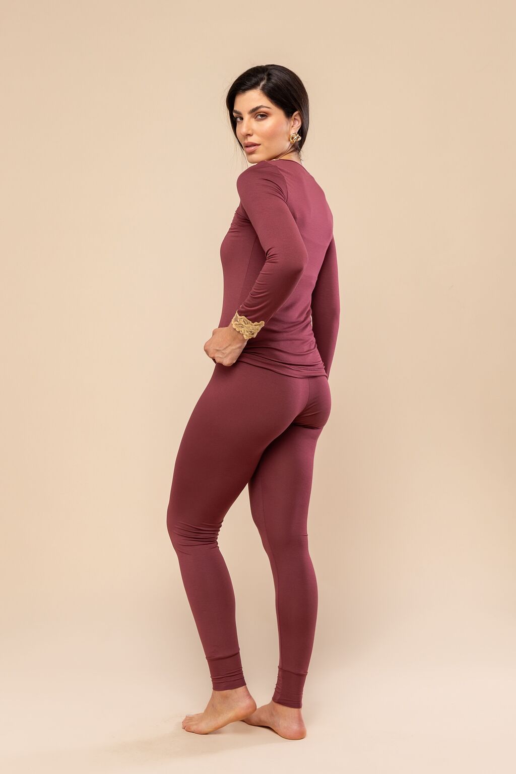 Blusa Manga Longa Everlong Modal e Renda Vermelho Garnet