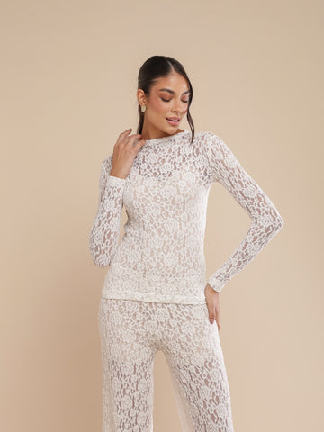 Blusa Manga Longa Renda Urban Lace Off-White