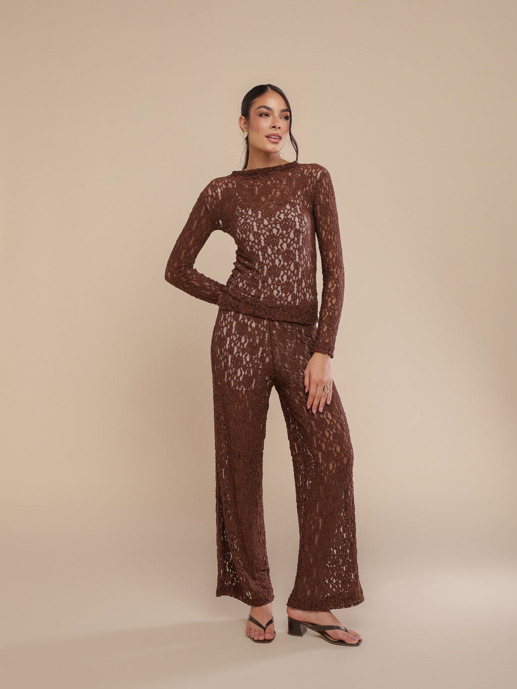 Blusa Manga Longa Renda Urban Lace Coffee
